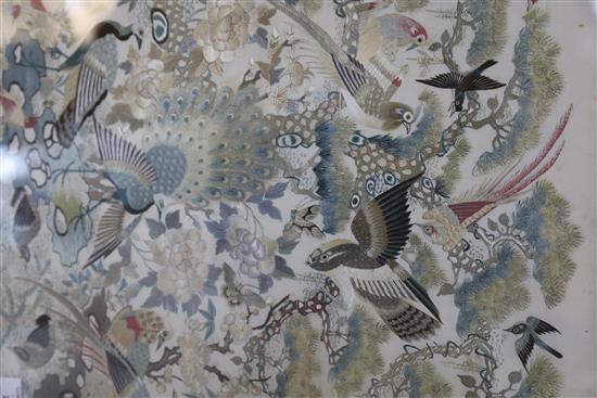 A Chinese Hundred Bird embroidered silk table screen, late 19th century, Total size 72.5 x 56cm